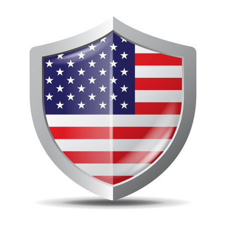 Glossy USA flag shield with metallic silver border. Symbolic of American security, national defense, and patriotism. Isolated 3D illustration icon.のイラスト素材