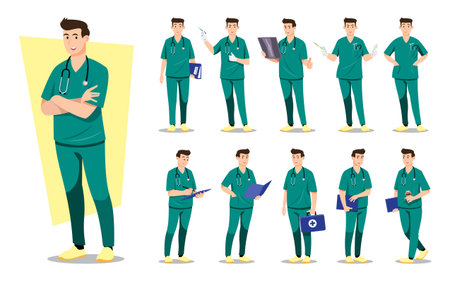 Professional male doctor character set in green scrubs suit. Flat vector illustration with various poses such as holding X-ray, syringe, clipboard, and medical kit. Ideal for healthcare design.のイラスト素材