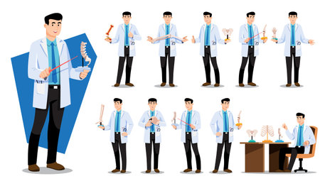 Male orthopedist doctor character set holding anatomy bone models. Flat design vector for orthopedic specialty, medical consultation, bone health education, and clinical services.のイラスト素材