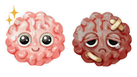 Watercolor cartoon comparison of a healthy brain and damaged brain. Representing conditions like alzheimer's disease, stroke, or mental decline. Isolated white background illustration.の写真素材