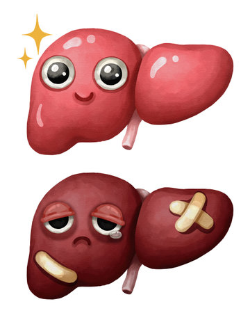 Watercolor cartoon comparison of a healthy liver and damaged liver. Representing conditions like cirrhosis, fatty liver disease, or the effects of alcohol. Isolated white background illustration.の写真素材