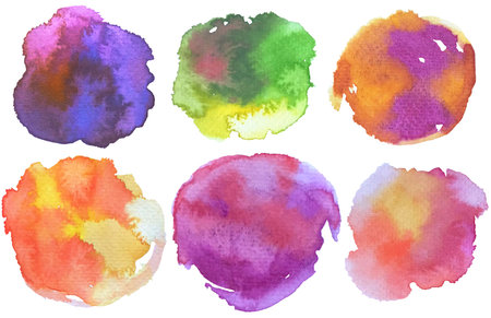 Collection of hand-painted watercolor stains and abstract splashes. Perfect for background design, creative invitations, and artistic digital projects. Isolated white background illustration.の写真素材