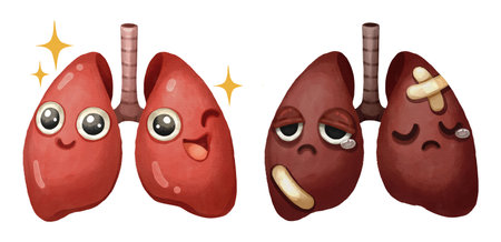 Watercolor cartoon comparison of a healthy lung and damaged lungs. Representing conditions like smoking, asthma, COPD or lung cancer. Isolated white background illustration.の写真素材