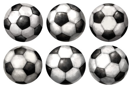 Watercolor illustration set of classic soccer balls in various angles. Isolated white background.の写真素材