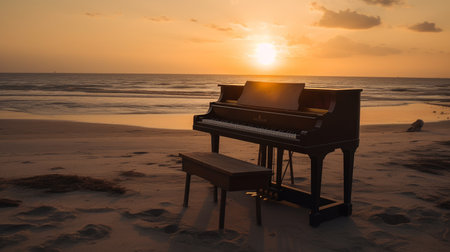 an idyllic beach with white sand and crystal-clear water. the sun is just beginning to set, casting a warm glow over the scene. in the foreground, there is an open piano, with the keys reflecting the colors of the sunset. in the background, the gentle sound of waves lapping at the shore can be heard. the atmosphere is one of peaceful serenity, as if theの素材