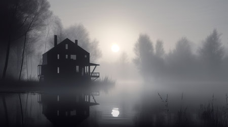 an eerily realistic image of an old futuristic house engulfed by fog, with romantic riverscapes, solarization effect, and reflections.の素材
