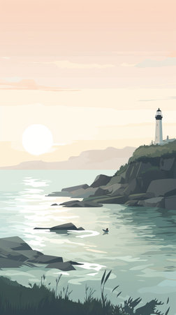 a tranquil coastal scene in the minimalist art style of winslow homer and hiroshi yoshida. muted colors, clean lines, and a lighthouse in the distance create a peaceful atmosphere.の素材