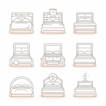 a set of simple linear web icons depicting various bed designs. vector stroke can be easily edited at 96x96 pixel-perfect resolution.の素材