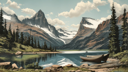 Fantasy landscape with mountain lake and wooden boat. Digital painting.の素材