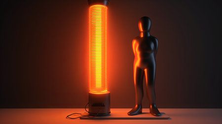 a digital image of a 3d human figure holding an electric heaterの素材