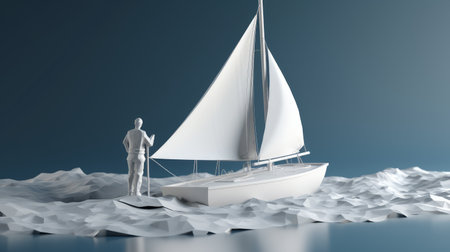 3D Render of a Man and Sailboat on a Crumpled Paperの素材