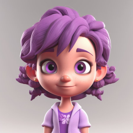 Cute little girl with purple hair. 3D illustration. Cartoon character.の素材