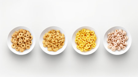 Bowls with cereal rings on white background. Top view.の素材