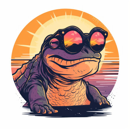 Frog in sunglasses on the background of the sun. Vector illustrationの素材
