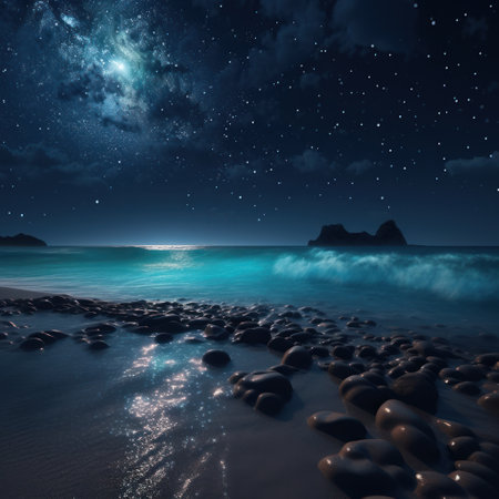 Beautiful seascape with starry sky. 3D renderingの素材