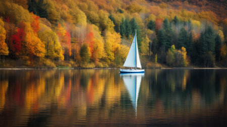 Sailing yacht on the lake in autumn forest. Beautiful landscape.の素材