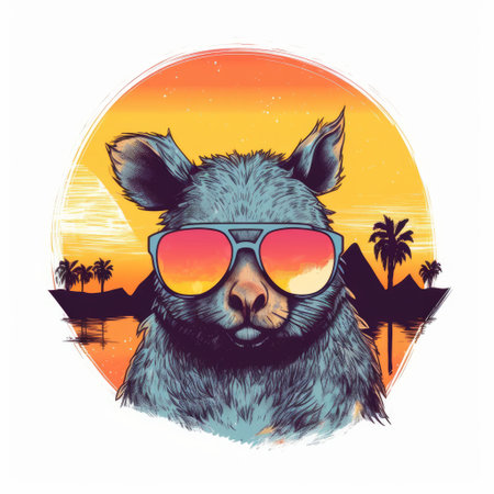 Vector illustration of alpaca wearing sunglasses on the sunset background.の素材