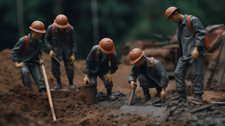 Miniature people construction workers digging soil at construction site. Selective focus.の素材
