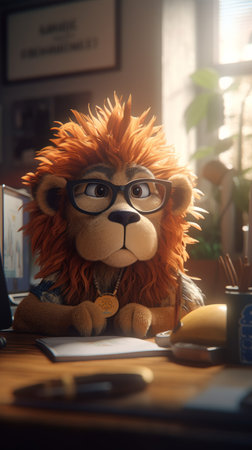 Lion doll with glasses and a laptop on a wooden table.の素材