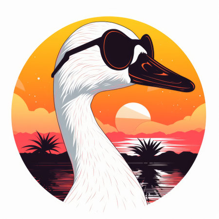 Vector illustration of a swan in sunglasses on the background of the sunsetの素材