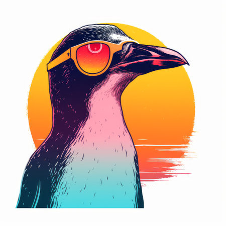 a minimalist-style, hand-drawn illustration of a penguin wearing sunglasses in front of a sunset, with retro vibes and a japanese-inspired design. the image features tropical colors and a silhouette of the penguin, as well as a funny pun or phrase and a pop art style. the background is solid white., ai generatedの素材