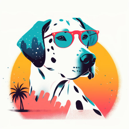 Dalmatian dog with glasses and palm tree. Vector illustration.の素材