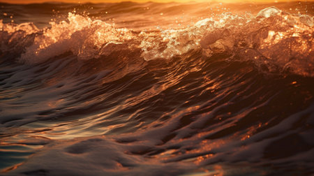 Sea wave close-up with splashes of water in the sunsetの素材