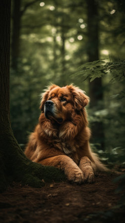 Portrait of a beautiful Tibetan Mastiff dog in the forest.の素材