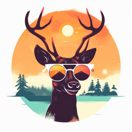 Deer in sunglasses on the background of the sunset. Vector illustration.の素材
