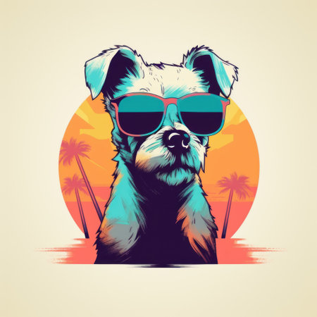 Cute dog in sunglasses on the background of the sunset. Vector illustration.の素材