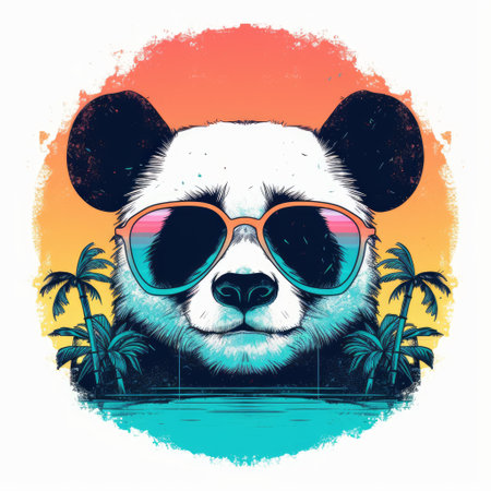 Panda bear with sunglasses on the background of palm trees. Vector illustration.の素材