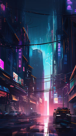 Night city street with cars and lights, 3d rendering toned imageの素材