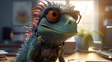 Close-up image of a green iguana sitting on a deskの素材