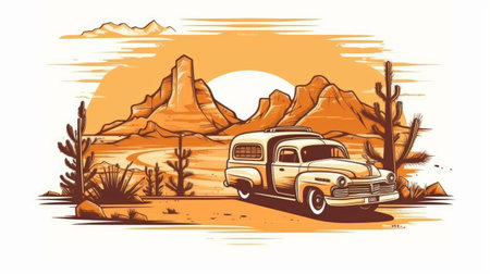 a nostalgic and retro scene of an american road trip, with a vintage style and warm colors. this t-shirt design graphic is in vector form with contour lines, placed on a white background to pop out. the illustration depicts a sunny day with a sense of freedom and adventure. perfect for those who love road trips and vintage vibes., ai generatedの素材