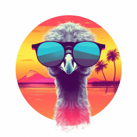 Funny ostrich in sunglasses on the background of the sunset. Vector illustration.の素材