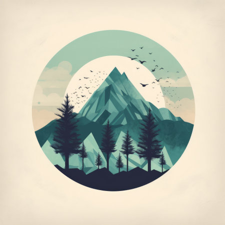 Mountains and forest in the circle. Vintage style. Vector illustration.の素材