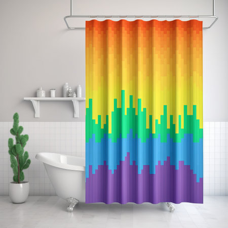 Bathroom interior with colorful curtains and a bathtub. 3d renderの素材