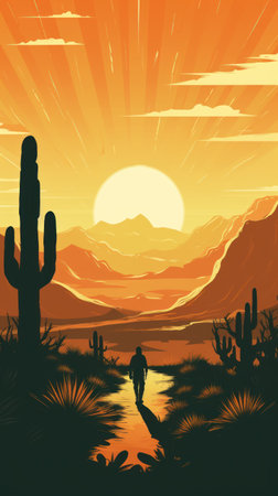 Beautiful desert landscape with cactus and sunset. Vector illustration.の素材