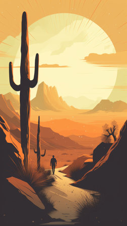 Hiking in desert with cactus and sunset. Vector illustration.の素材