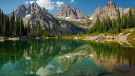 inspiring natural wonderland with rugged rocky mountains of towering peaks, shimmering alpine lakes, verdant forests, and white haze layers. rich colors and vivid nature photography captured in grand teton national park., ai generatedの素材
