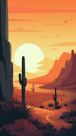 Illustration of a desert landscape with mountains and cactuses at sunsetの素材