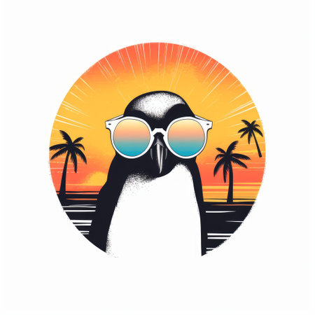 Vector illustration of penguin with sunglasses on the background of palm trees.の素材
