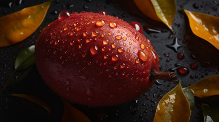 Ripe red pear with water drops on a black background, close-upの素材