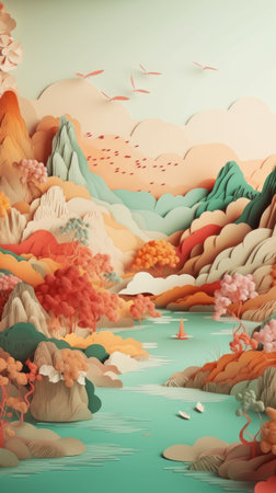 this paper illustration features a stunning landscape with auspicious clouds in chinese style. the warm colors and light background create a peaceful ambiance. the piece is of the best quality and features exquisite details. created using 3d rendering with octane render, it's available in pastel and 8k resolution.の素材