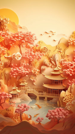 Chinese landscape with pagoda and pond, 3d rendering. Computer digital drawing.の素材