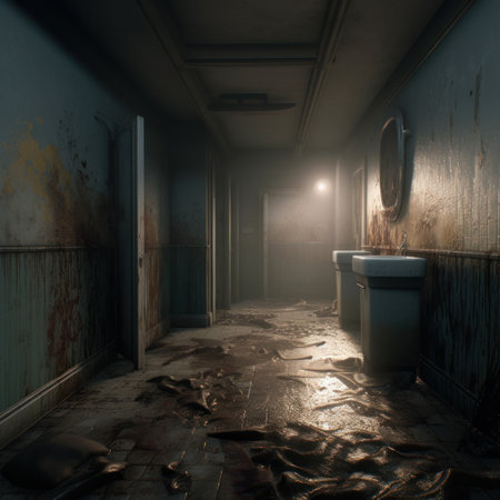 3D rendering of an old corridor with a toilet and dirty floorの素材