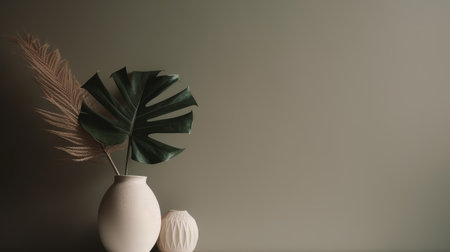 Tropical leaves in vase on grey background, space for textの素材
