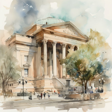 Watercolor illustration of the facade of the National Gallery in Washington DCの素材