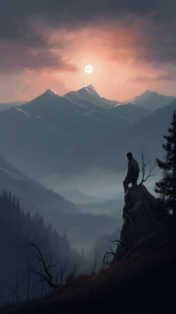 Man standing on the edge of a cliff and looking at the sunsetの素材