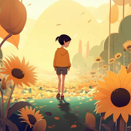 Girl walking in autumn forest with sunflowers. Vector illustration.の素材